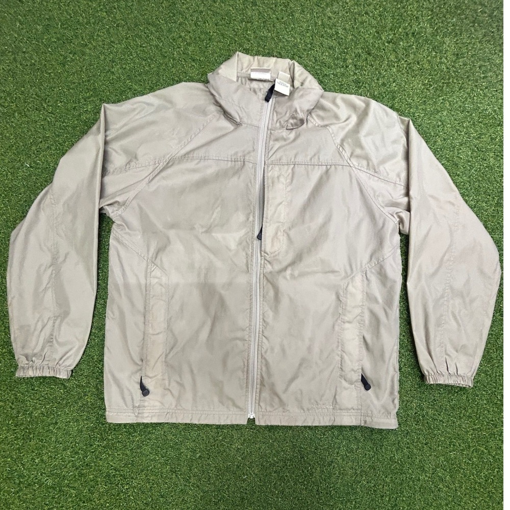 LL Bean Mens Full Zip Windbreaker Jacket Tan Khaki Ripstop Nylon Size Medium M